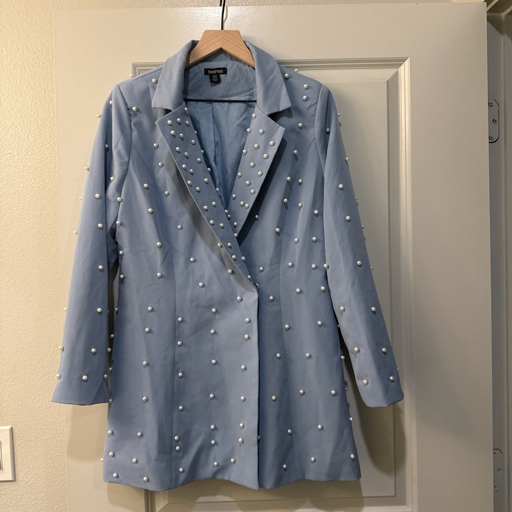 Boohoo Light Blue Pearl-Studded Blazer Jacket